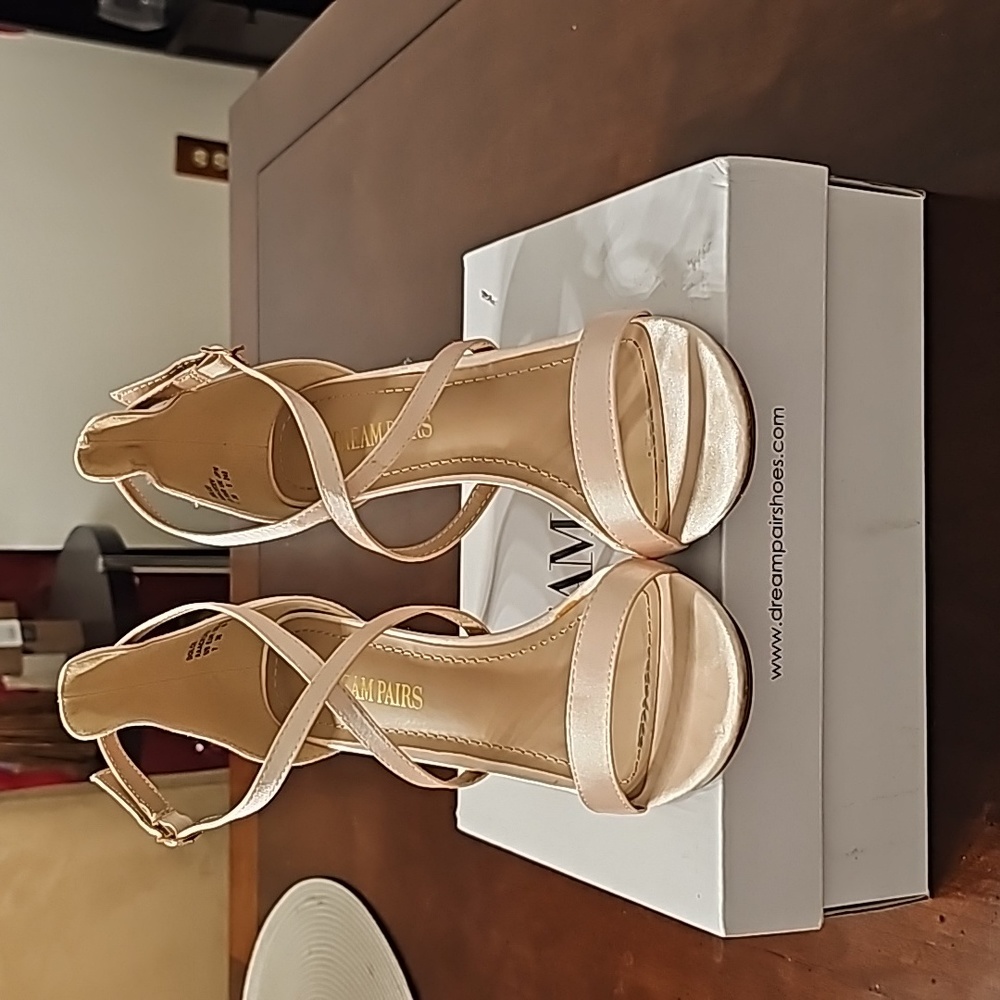 Dreampairs champagne satin women's dress sandals size 7 with 3” heel.